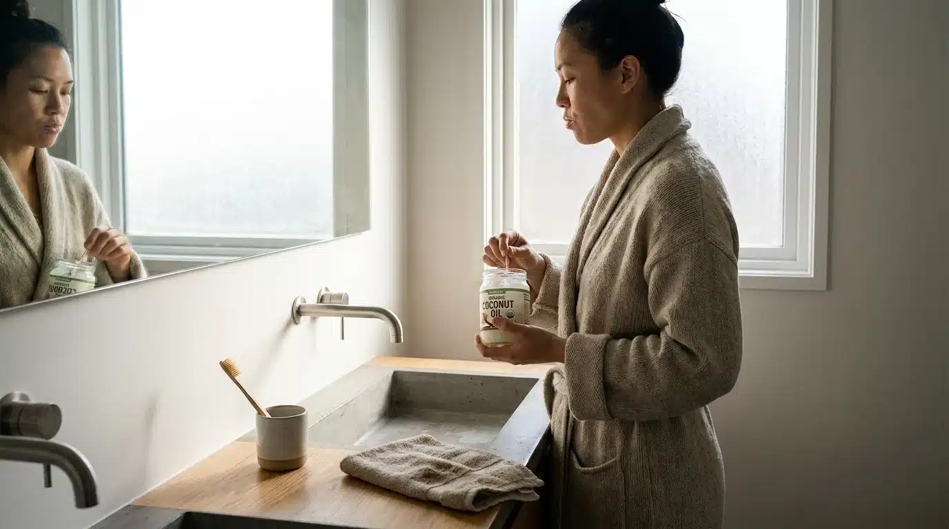 person oil pulling in modern bathroom during morning routine with coconut oil and natural wellness atmosphere