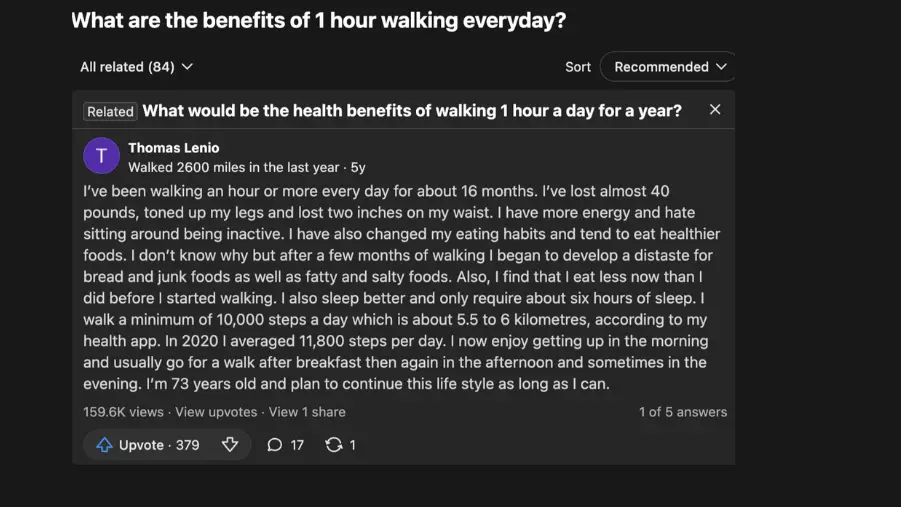 person sharing a real walking transformation on quora showing simple habits improve physical health