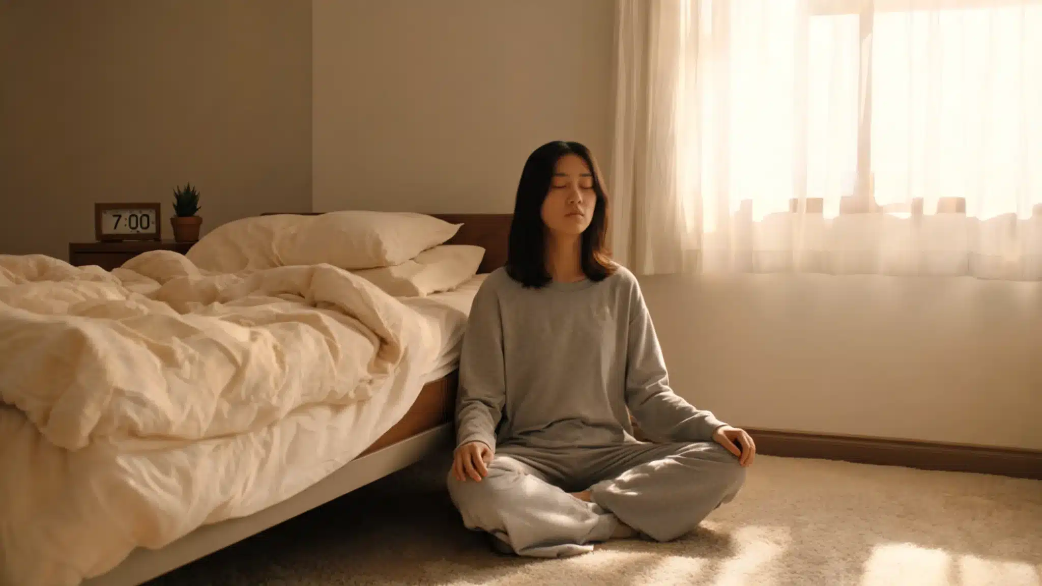 person sitting calmly with eyes closed practicing breathing in a softly lit room showing a simple stress relief routine