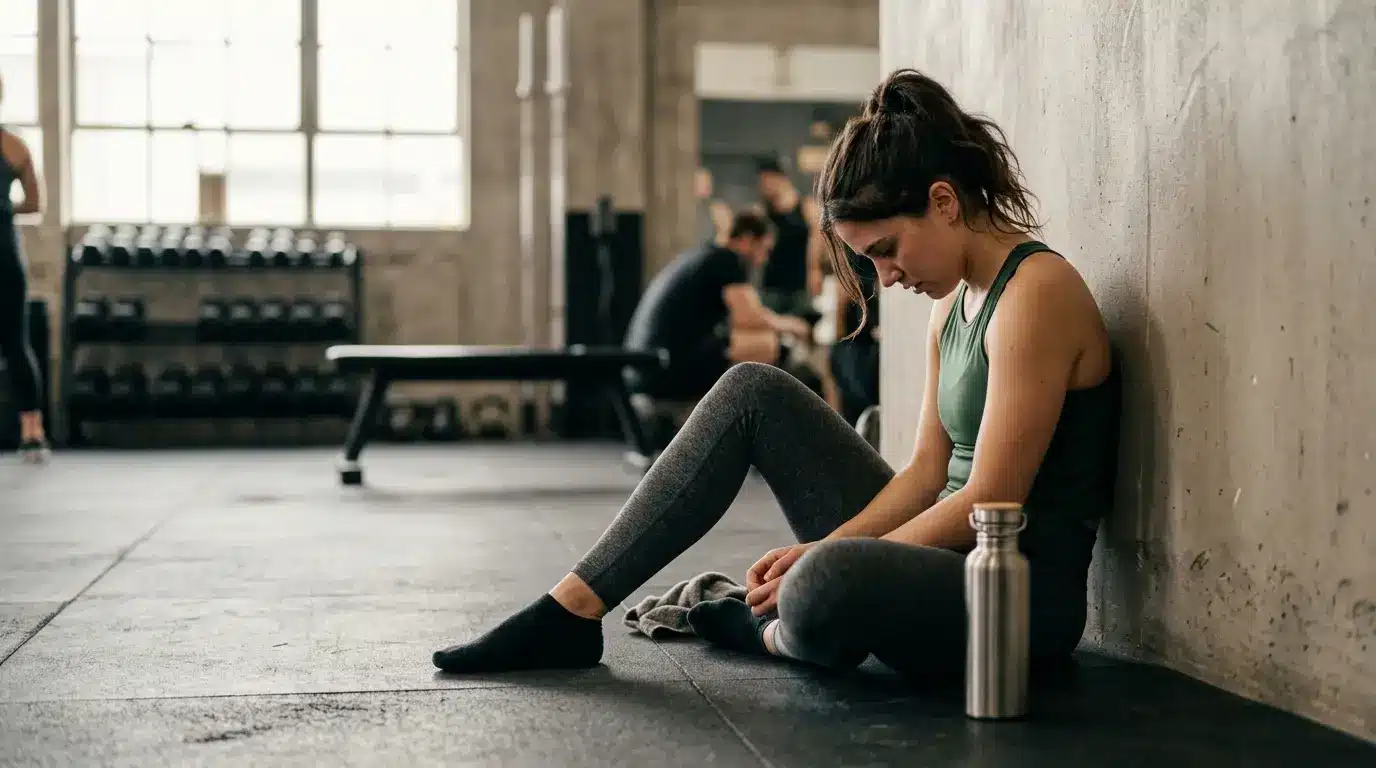 person sitting on a gym floor looking tired, representing the burnout that comes from common physical health mistakes