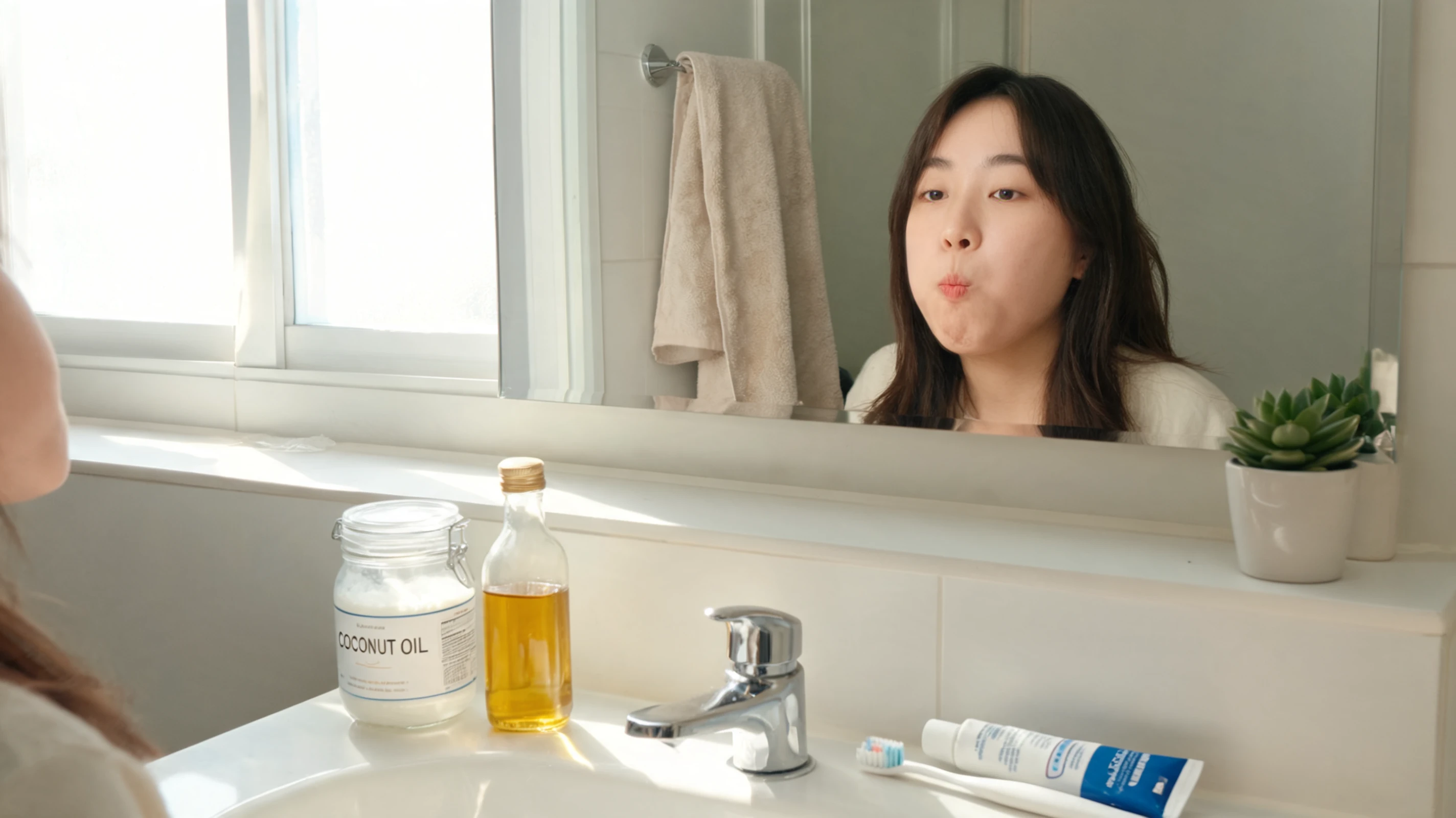 person swishing oil in a sunlit bathroom, with coconut and sesame oil, toothbrush, and everyday items on the sink counter