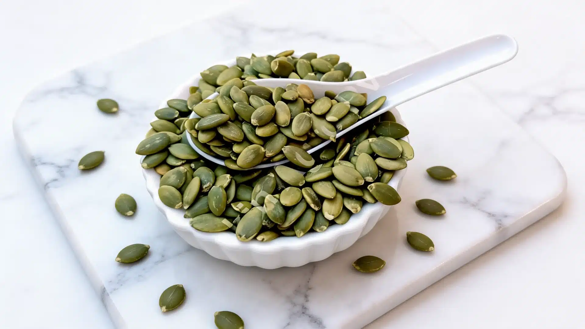 pumpkin seeds in ceramic bowl on white marble surface with soft natural kitchen lighting