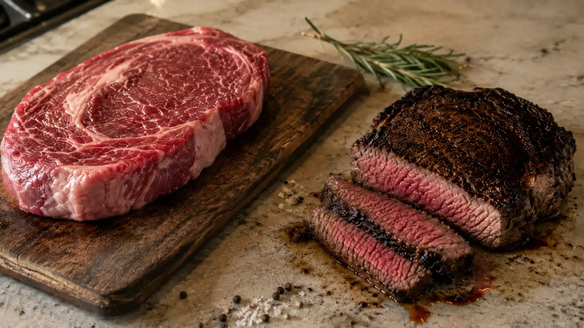 raw steak with seared steak