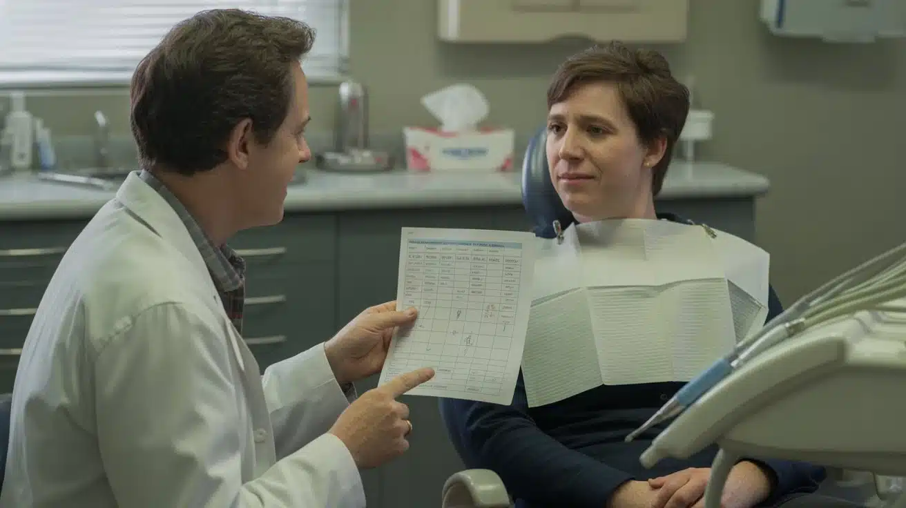 real dentist talking to patient in clinic during oral care consultation with natural expressions and simple setting