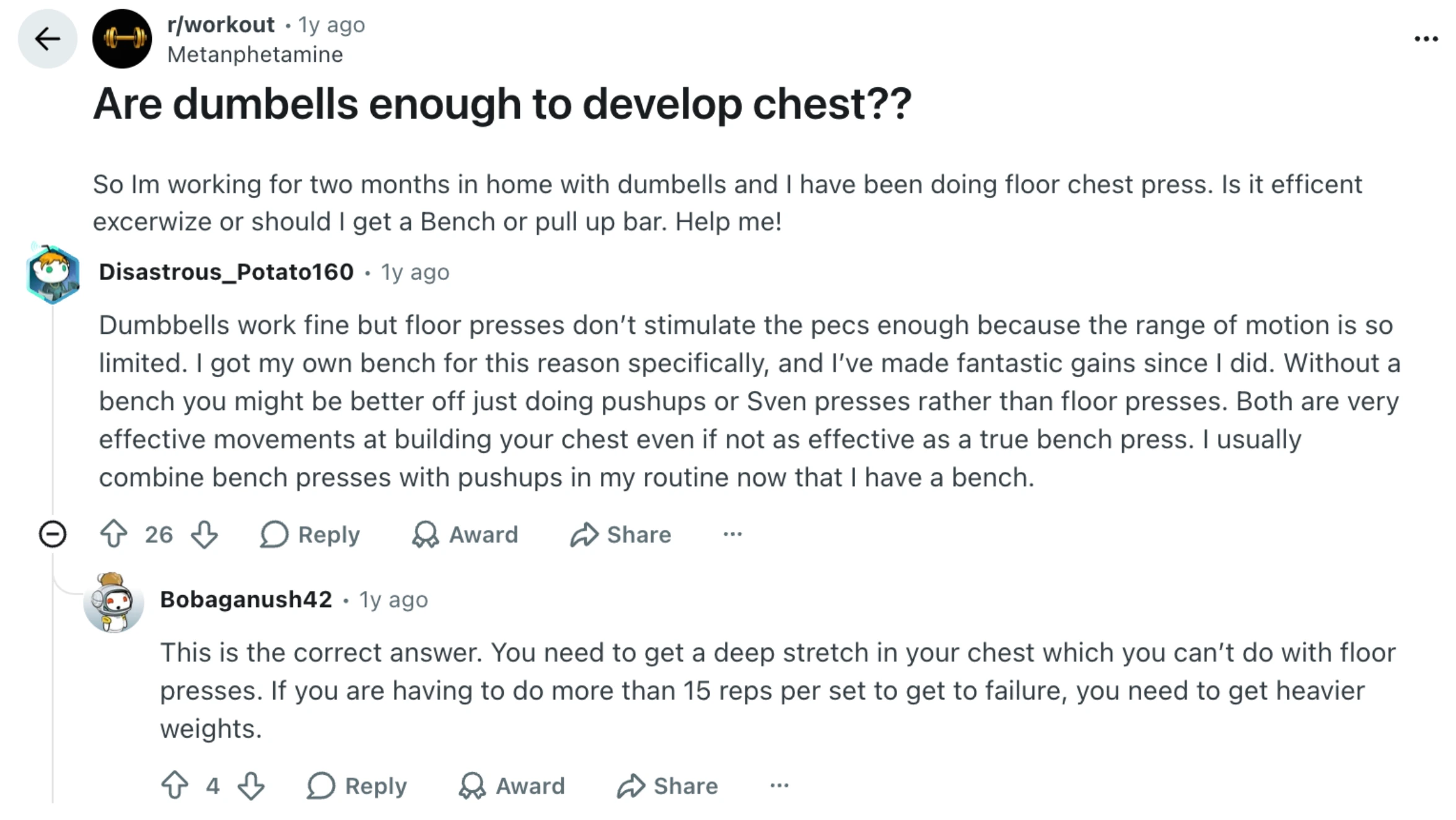 reddit discussion about if dumbbells alone are enough to develop chest muscles, with tips on bench presses and pushups