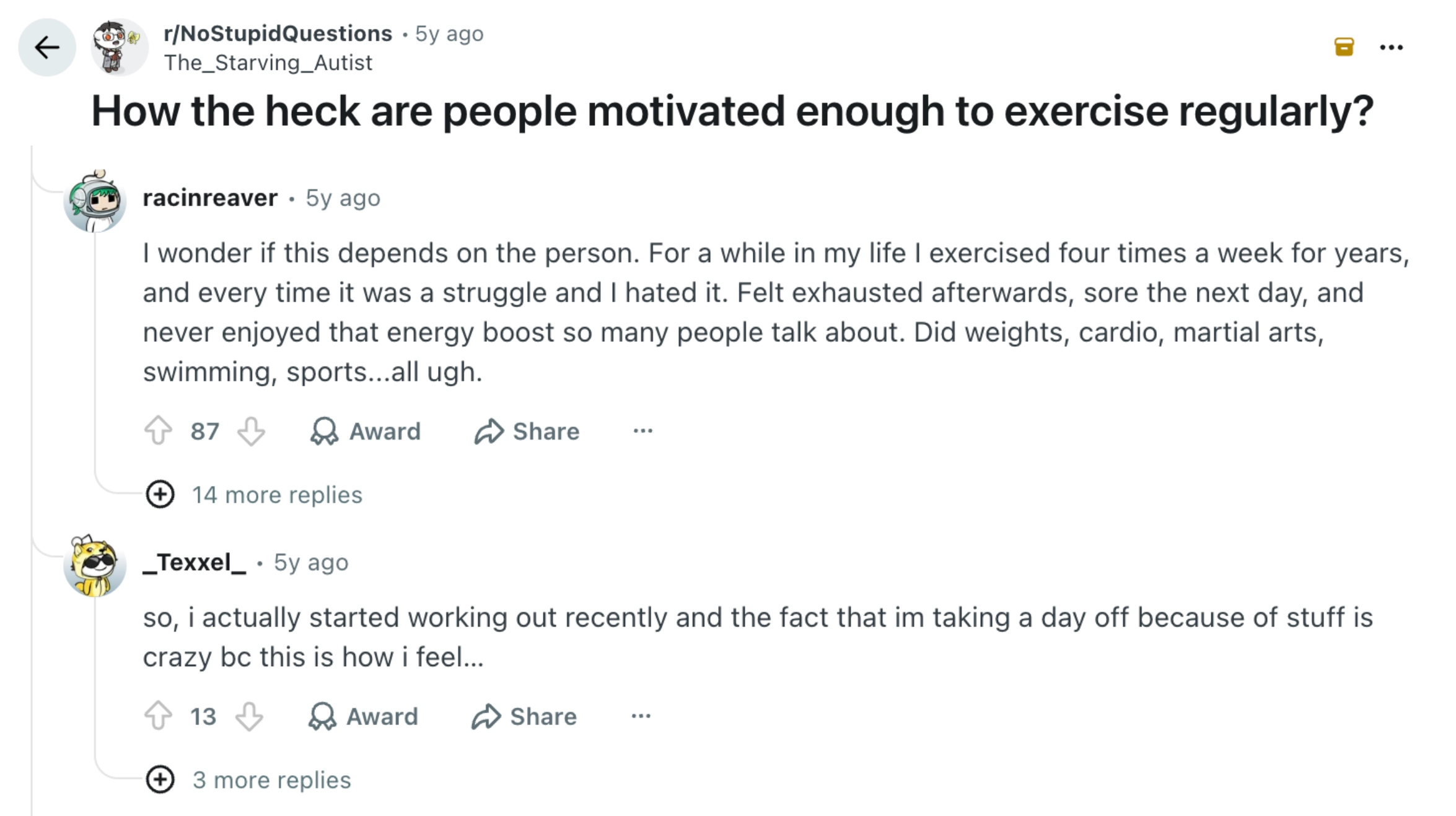 reddit discussion on exercise motivation, with users sharing struggles related to soreness, exhaustion, and consistency