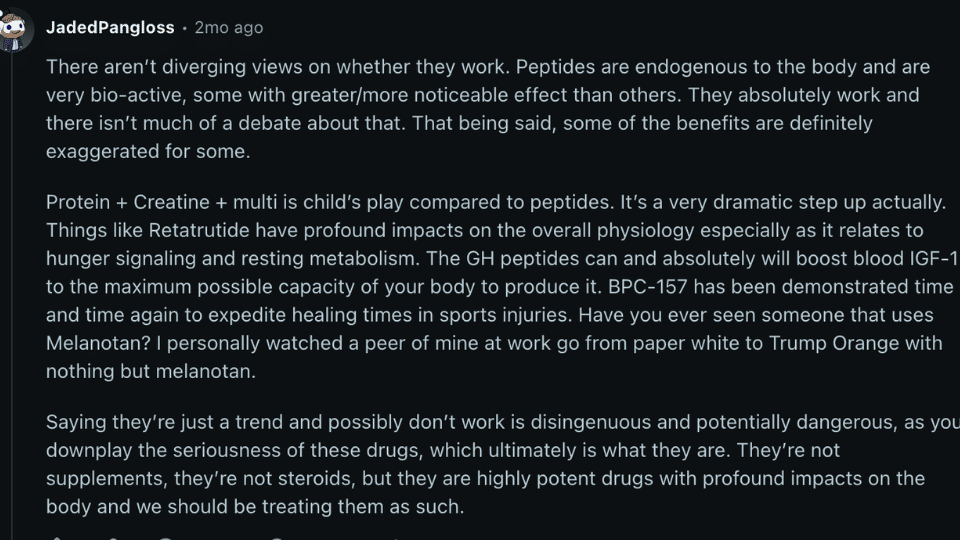 reddit discussion on supplements and peptides with comments from fitness community