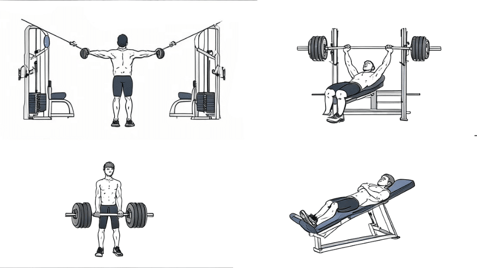 representation of a 4-day body part split workout diving 4 days into different group of muscles everyday exercises