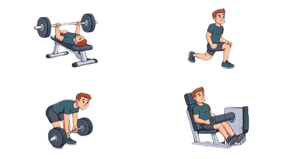representation of a 4-day full body split workout diving 4 days with full body exercises