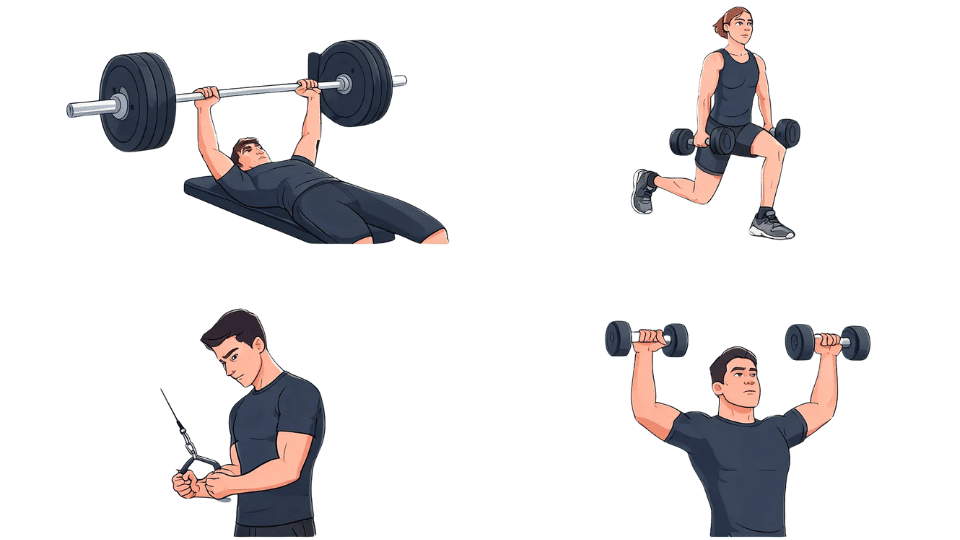 representation of a 4-day hybrid split workout diving 4 days into different group of muscles with a mix of all the workouts everyday exercises