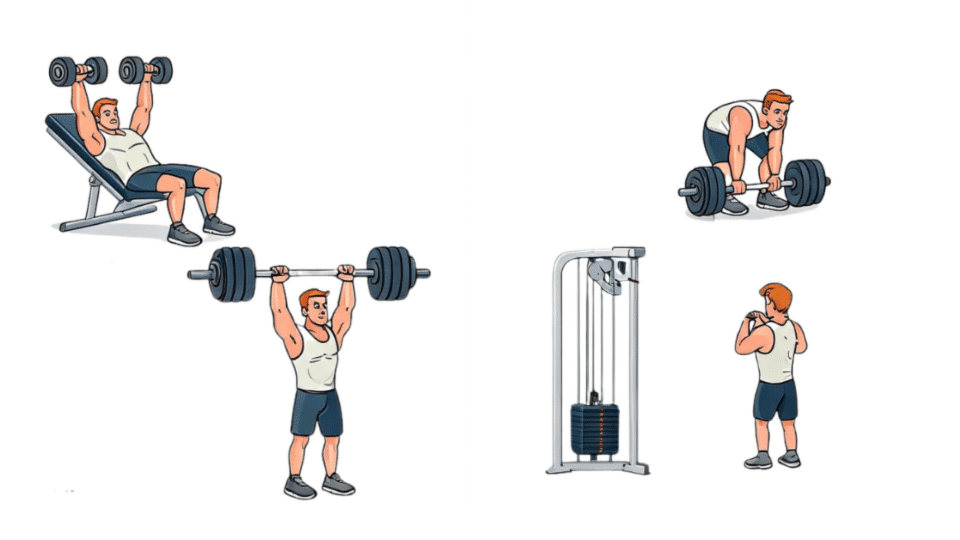representation of a 4-day pushpulllegs split workout diving 4 days into 1 push day 1 pull day 1 leg day and 1 weak point day exercises