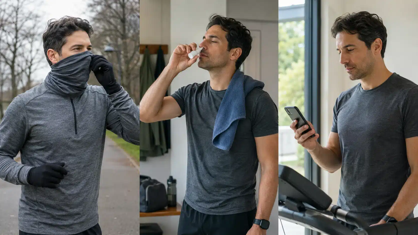 runner uses nasal spray and face covering to manage runny nose before workout indoors and outside