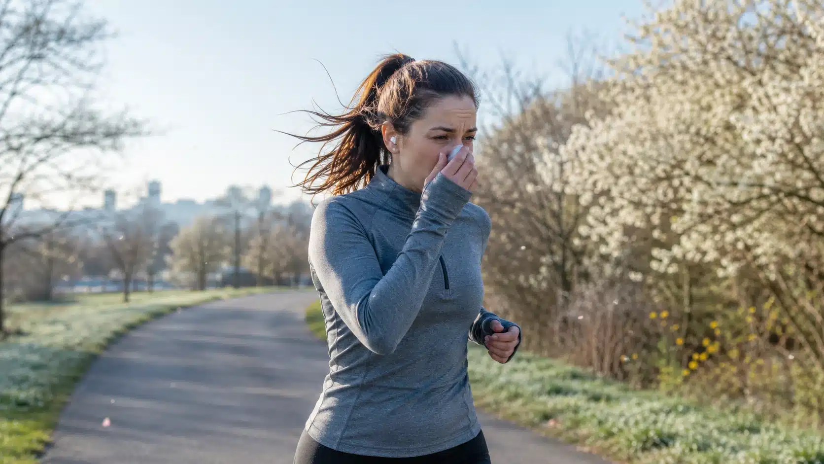 runner wipes nose during outdoor workout near flowering trees on a cool breezy morning path
