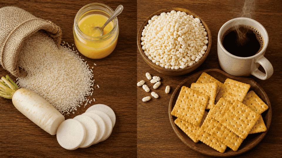 rustic split scene with raw rice ghee radish and snacks like puffed rice crackers and coffee