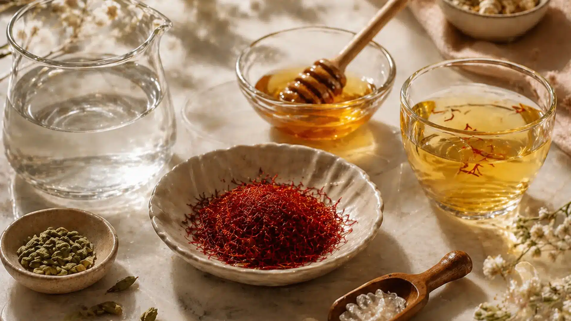 saffron threads, cardamom pods, honey, and tea ingredients arranged on a marble surface