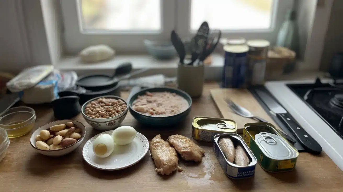 selenium rich foods brazil nuts eggs tuna sardines chicken beans whole grains arranged for thyroid support concept (2)