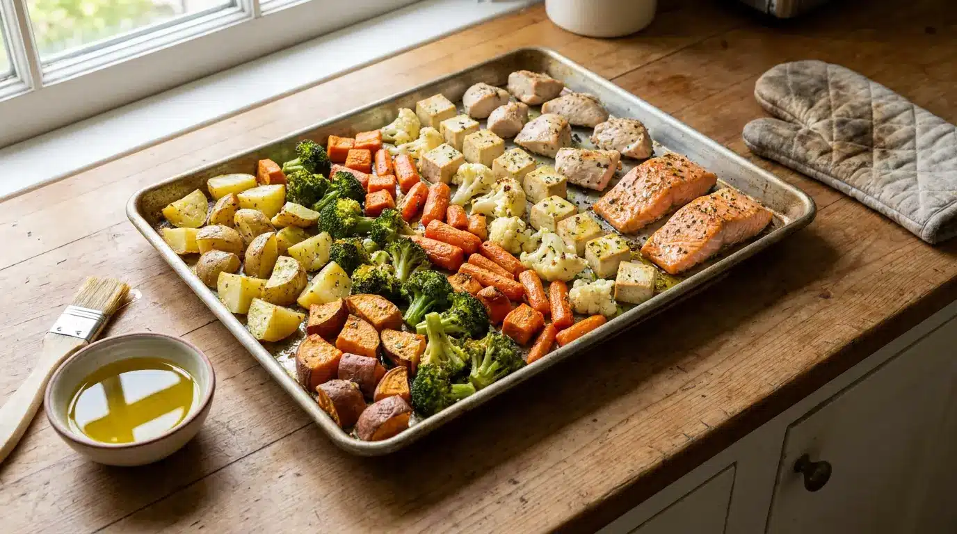 sheet-pan vegetables, tofu, chicken, and salmon roasted with avocado oil, salt, and seasonings