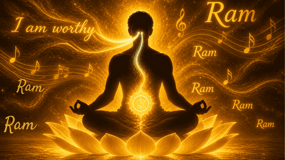 silhouette meditating on lotus golden energy flowing from breath to navel with i am worthy and ram text