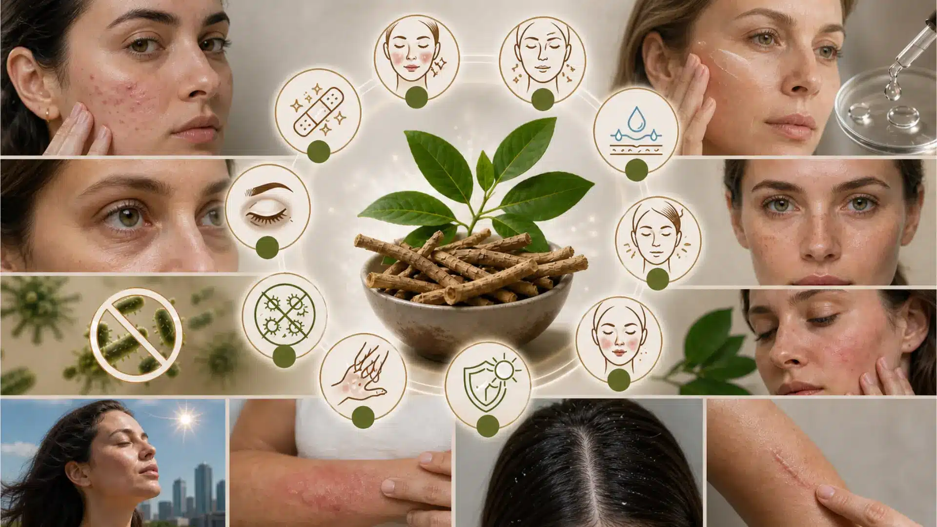 skincare collage with real people showing acne, redness, dark circles, dry skin, and other skin concerns around ashwagandha
