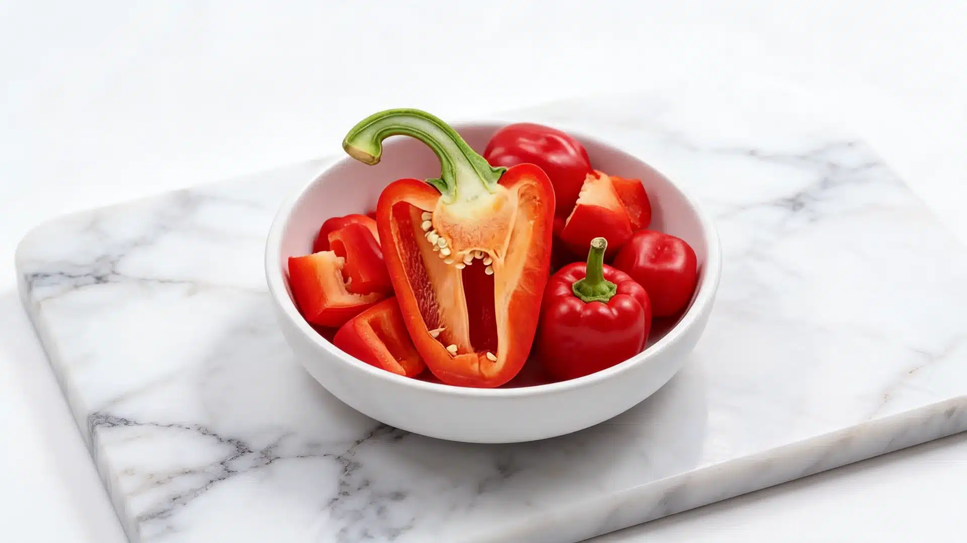 sliced red bell peppers in ceramic bowl on white marble surface with soft natural lighting