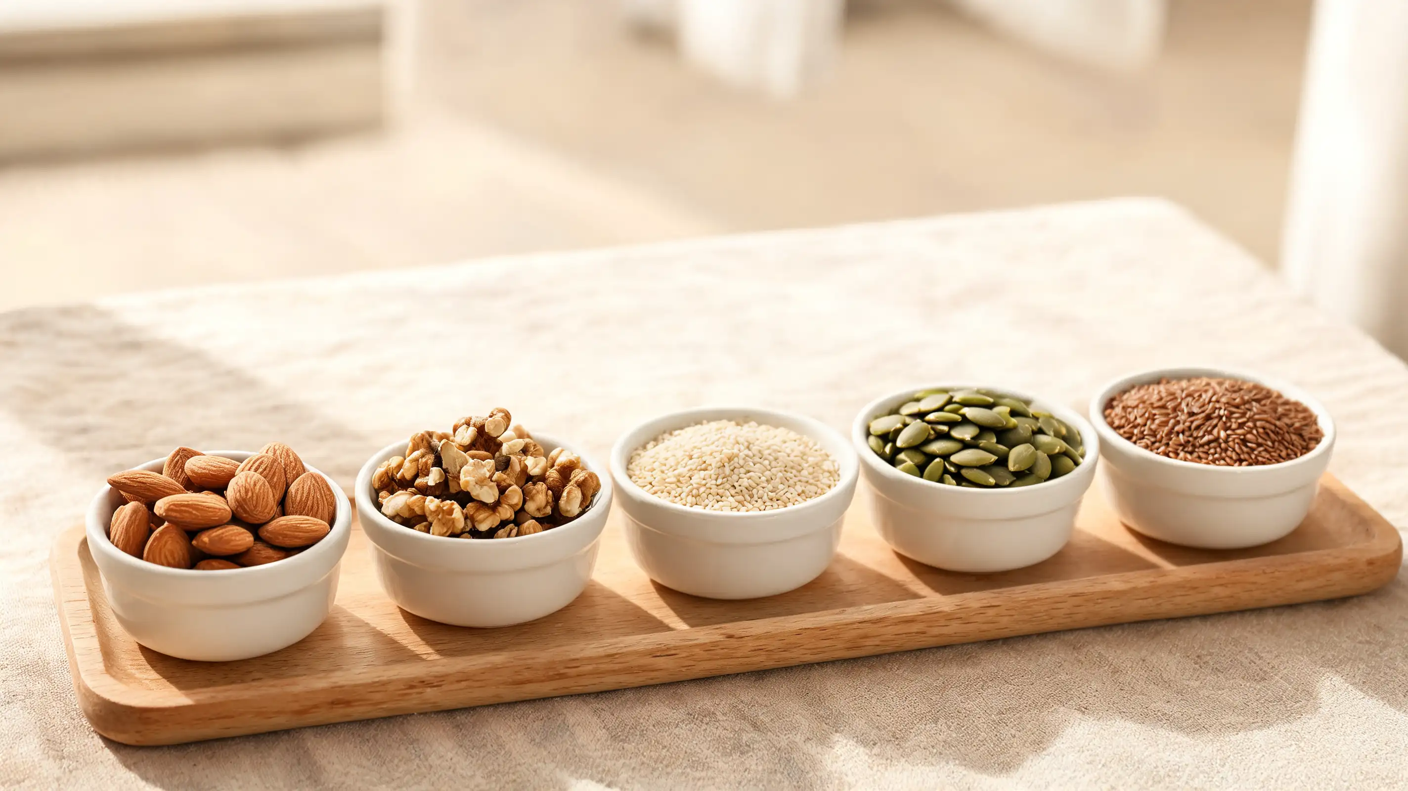 small bowls of nuts and seeds arranged neatly on light background