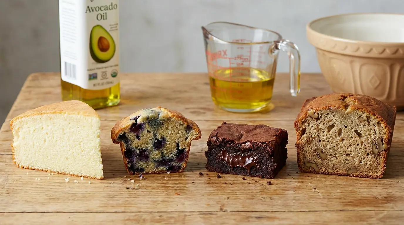 soft cakes, moist muffins, fudgy brownies, and quick breads baked with avocado oil on a kitchen table
