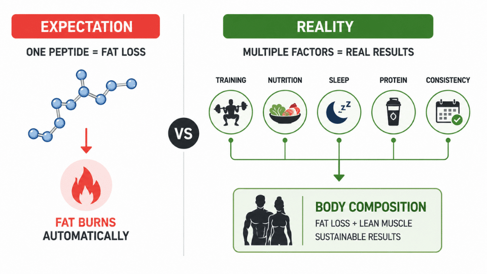 split infographic comparing peptide expectations with real fitness factors for fat loss