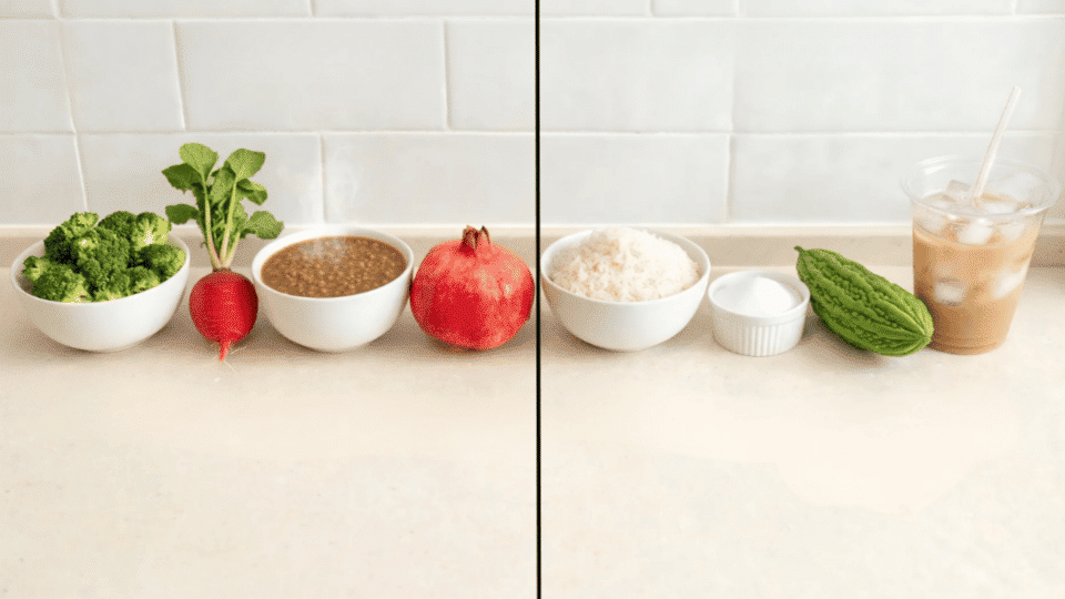 split layout with millet apples eggs and honey on one side and sugar soda and bitter gourd on other (1)