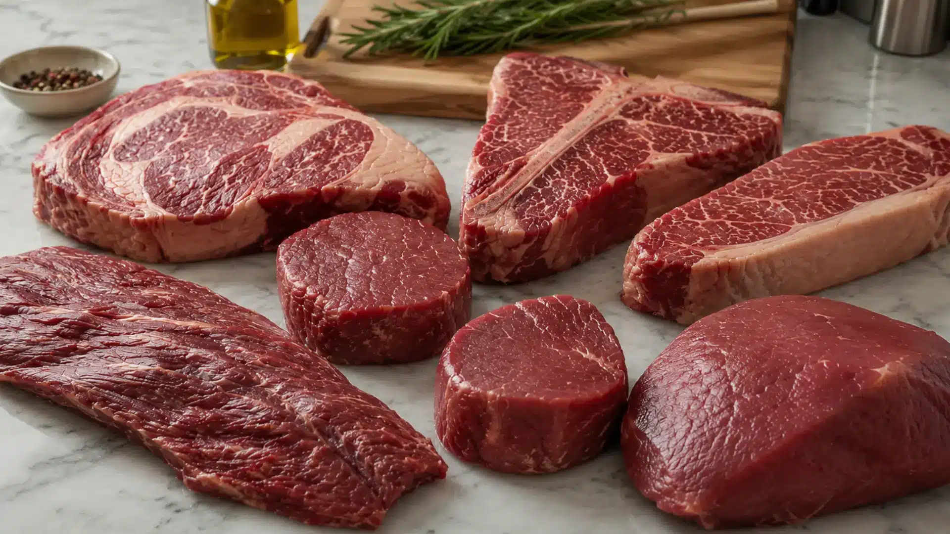 steak cuts on marble countertop