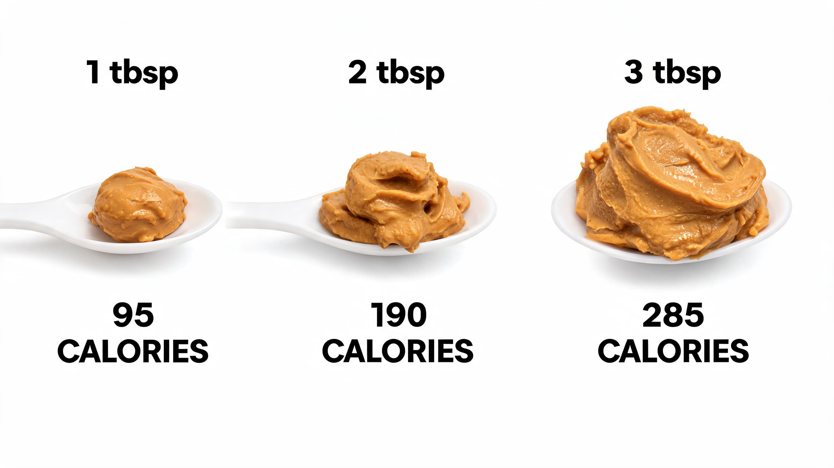 Three white spoons display peanut butter quantities