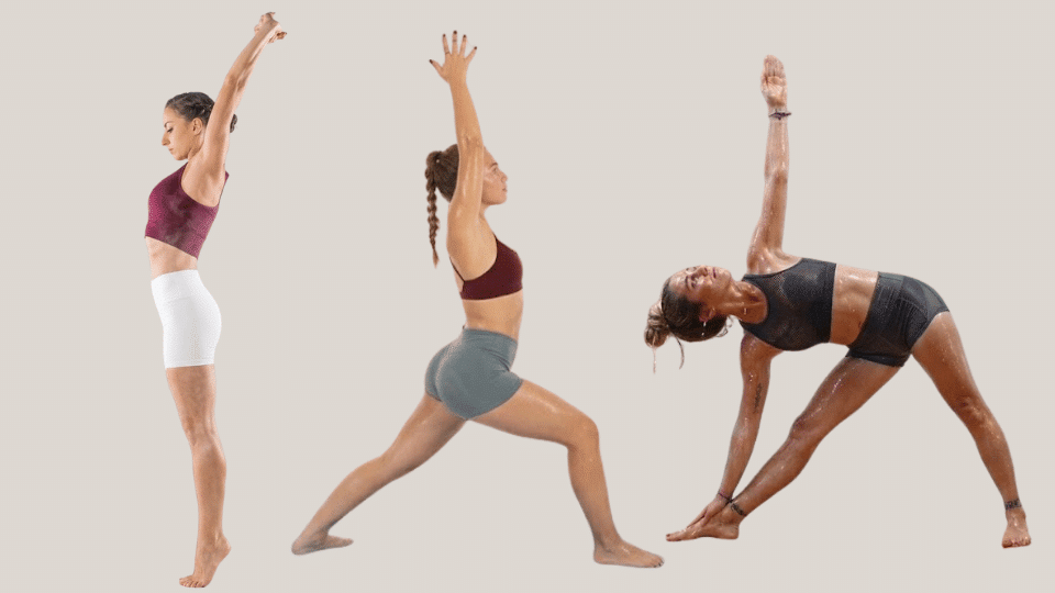 three women in activewear performing different hot yoga poses against a neutral pastel background