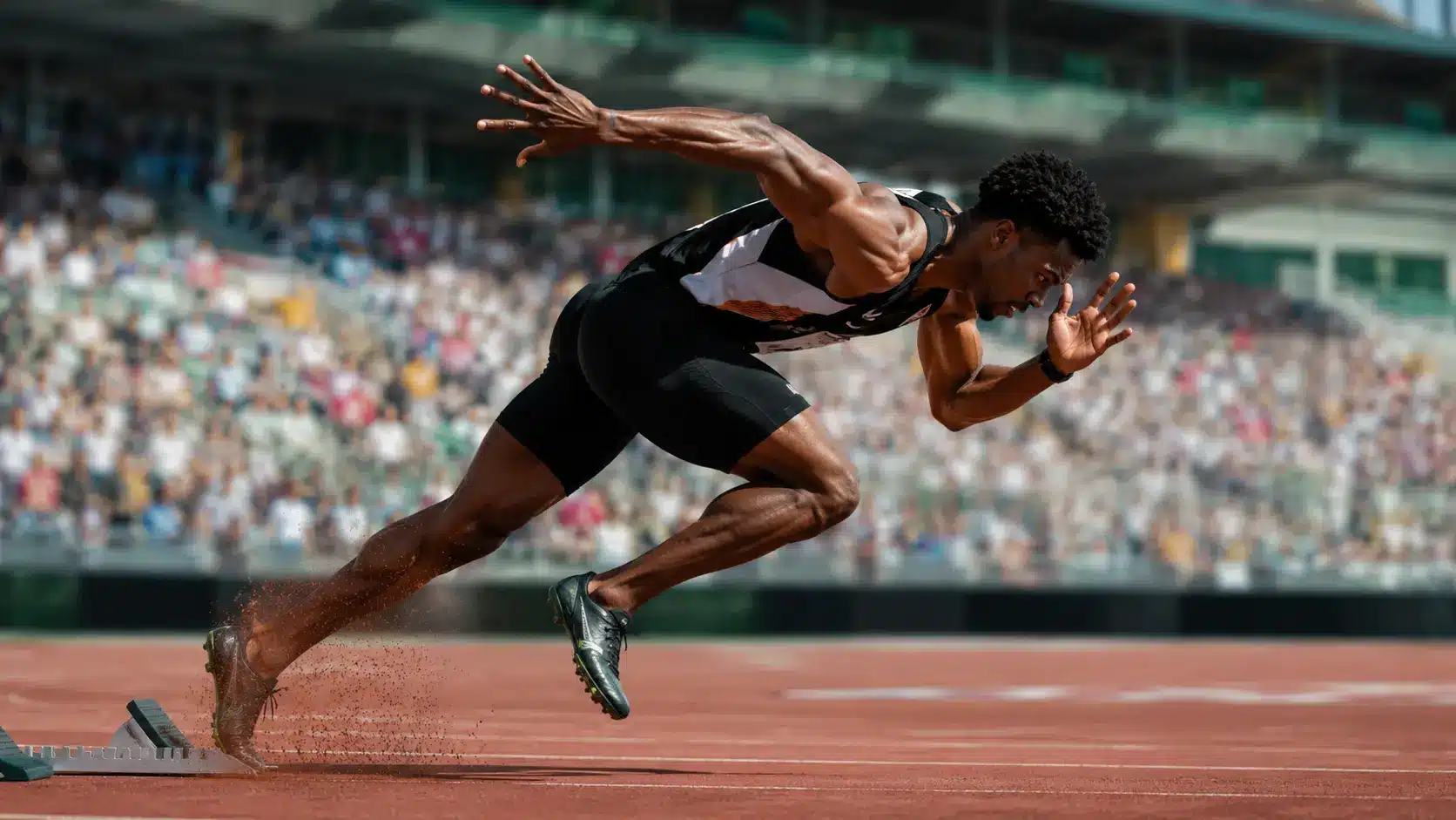track athlete exploding off the starting line during a sprint