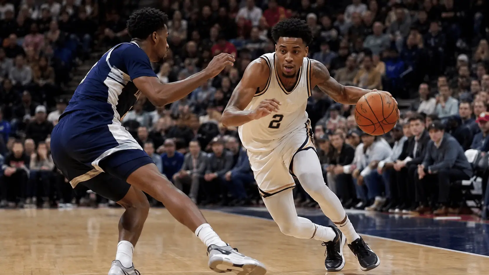 two athletes playing basketball on a court