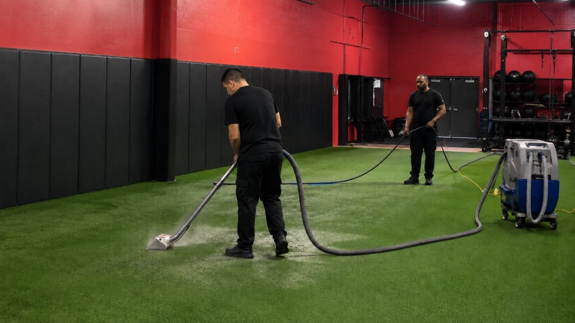Two men in black uniforms clean artificial turf in a gym with a carpet cleaning machine. The room has gym equipment in the background