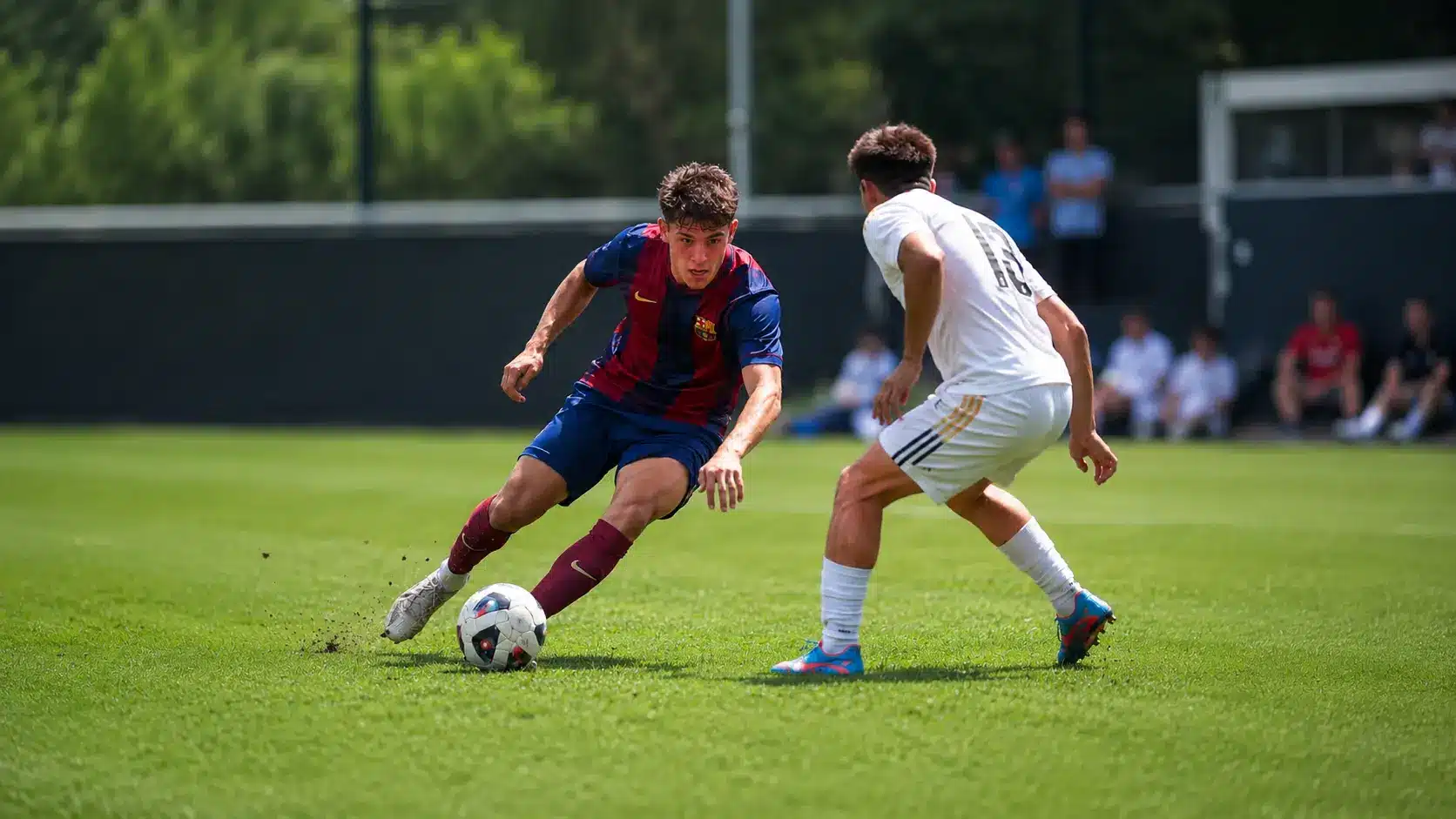 two soccer players playing soccer on soccer ground