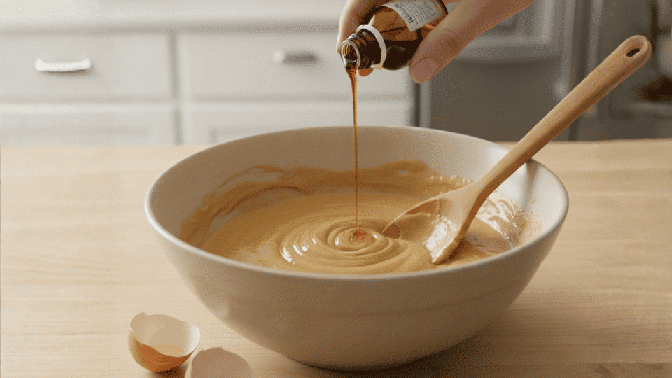 vanilla extract is poured into a mixing bowl with batter, while a wooden spoon rests inside on a kitchen counter