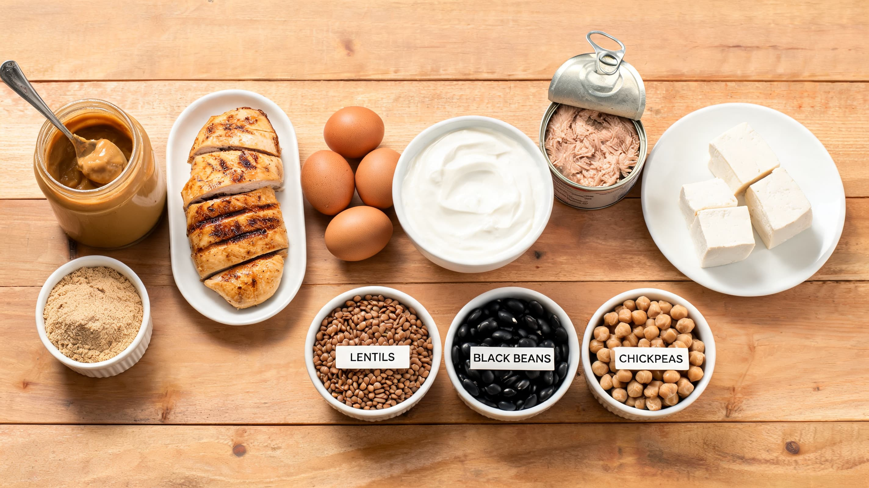 variety of protein-rich foods on a wooden table