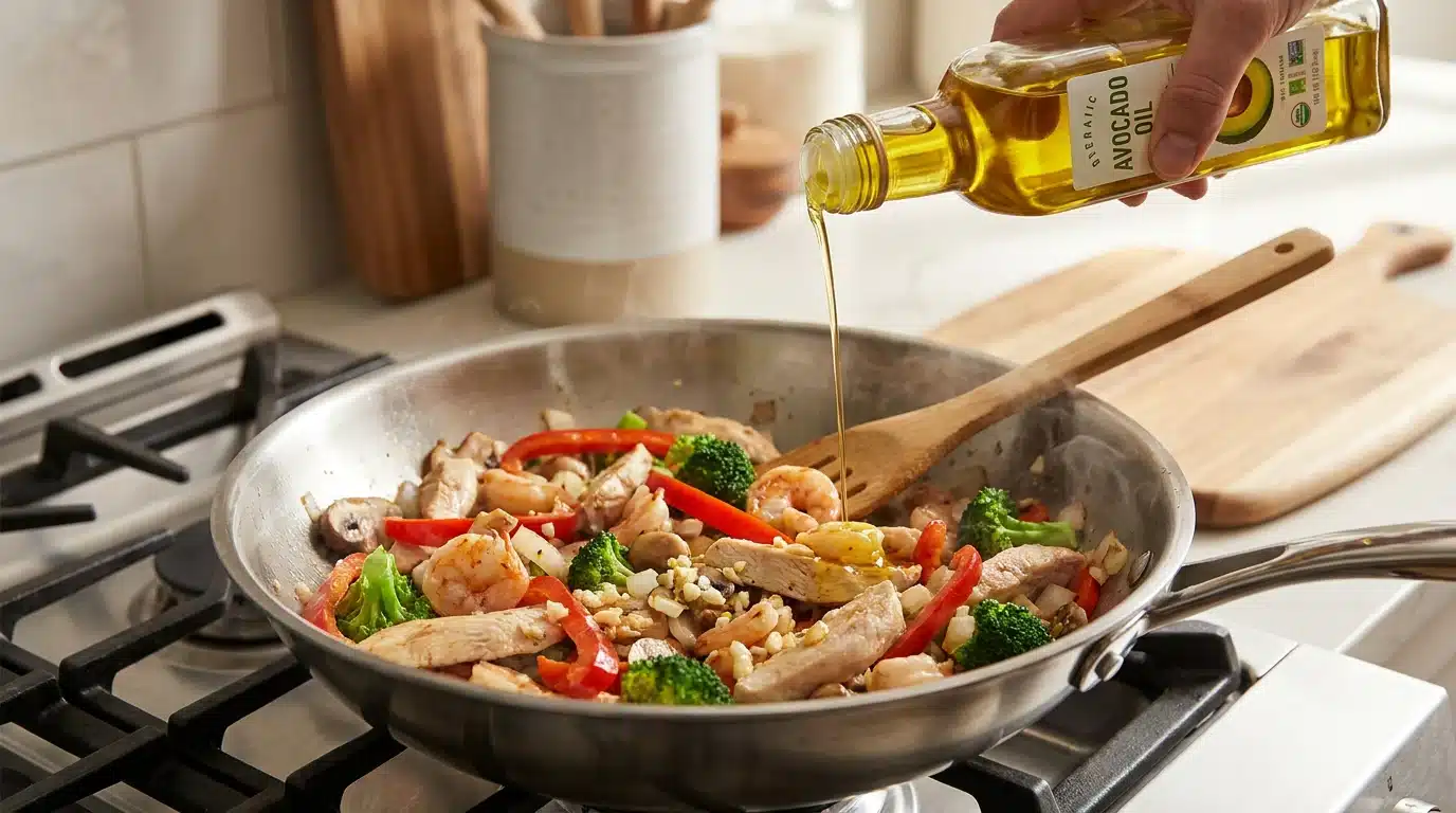 vegetables, shrimp, chicken, onions, and mushrooms stir-fried with avocado oil in a hot skillet