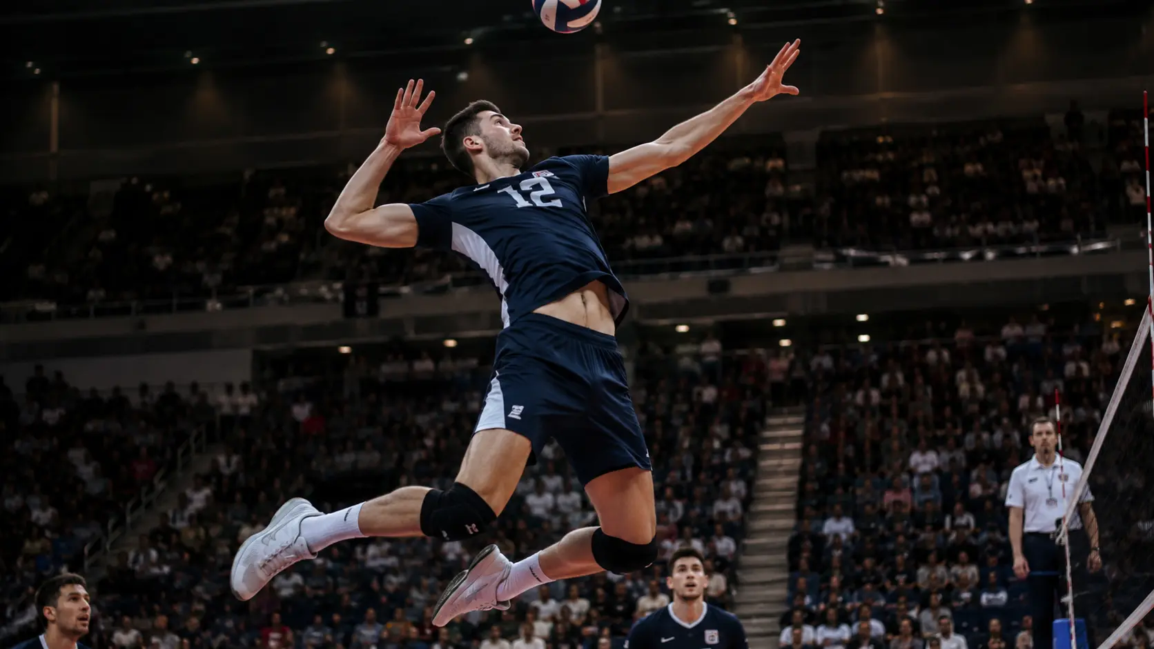 volleyball player jumping high for a spike