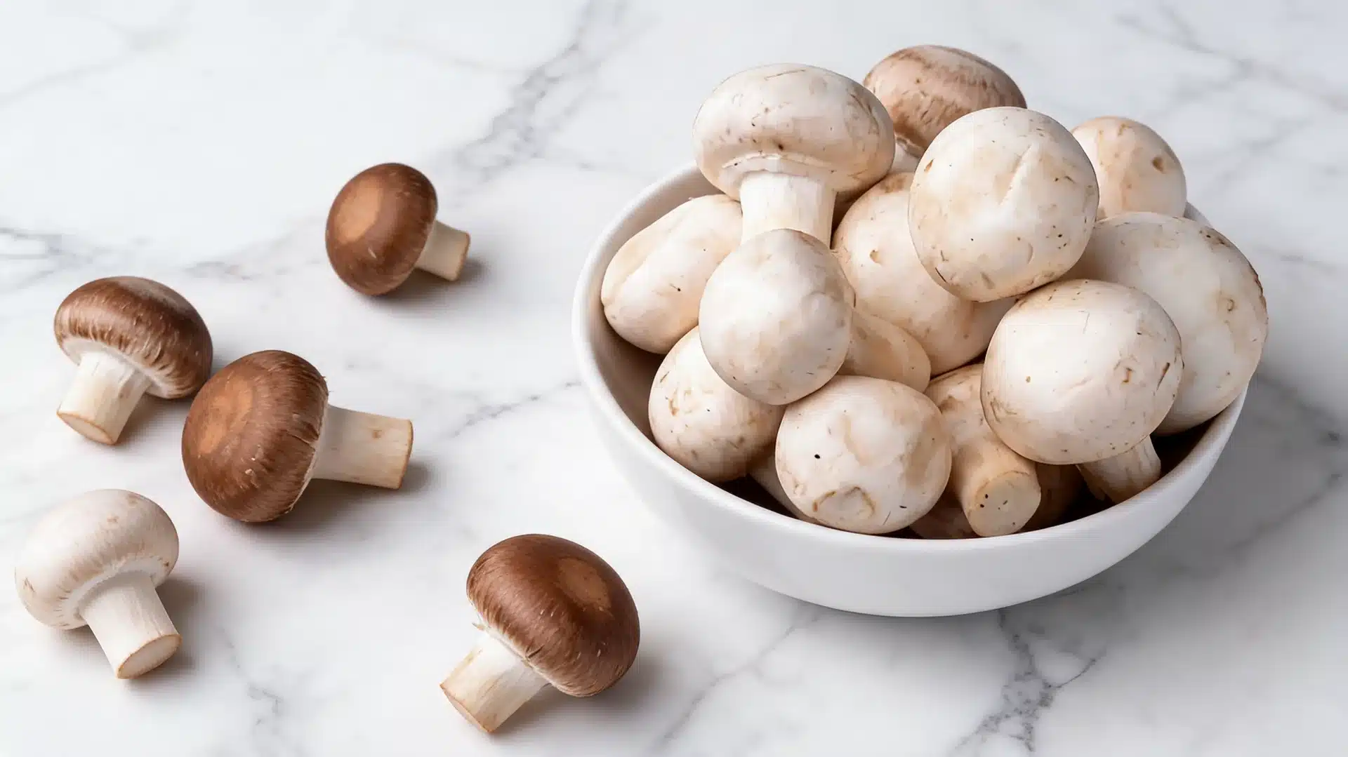 whole fresh mushrooms in ceramic bowl on white marble surface with soft natural kitchen lighting