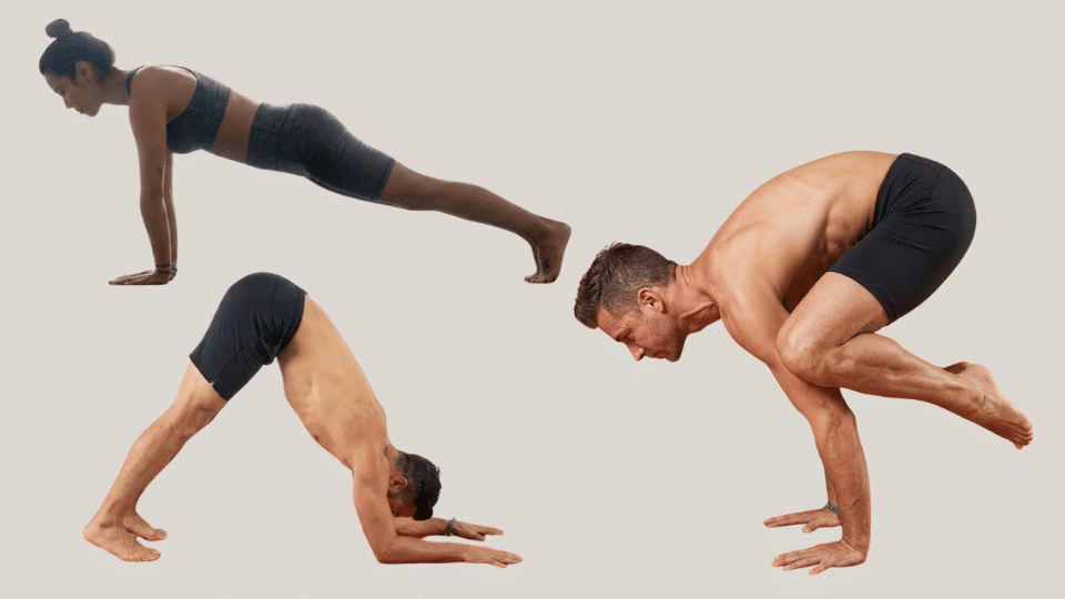 woman and two men performing hot yoga poses against a neutral pastel background