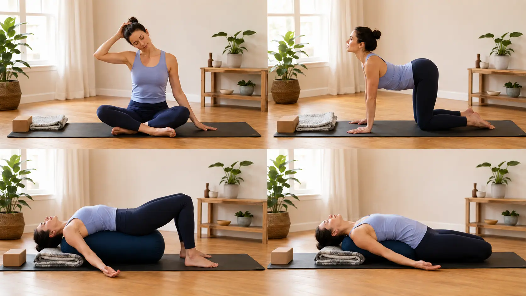 woman moving through a short throat chakra yoga sequence with neck stretch cat cow bridge and fish pose