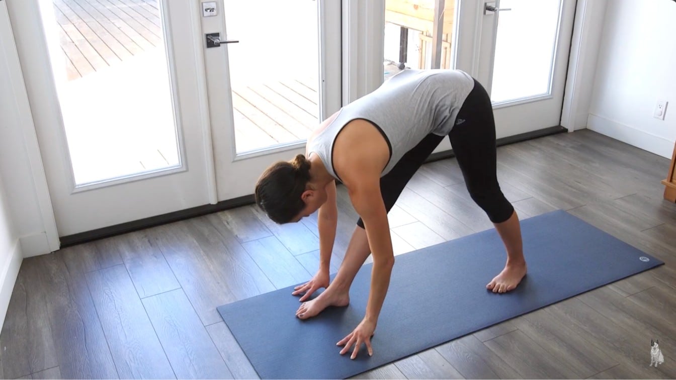 woman practices yoga in a bright room, performing a forward bend on a blue mat