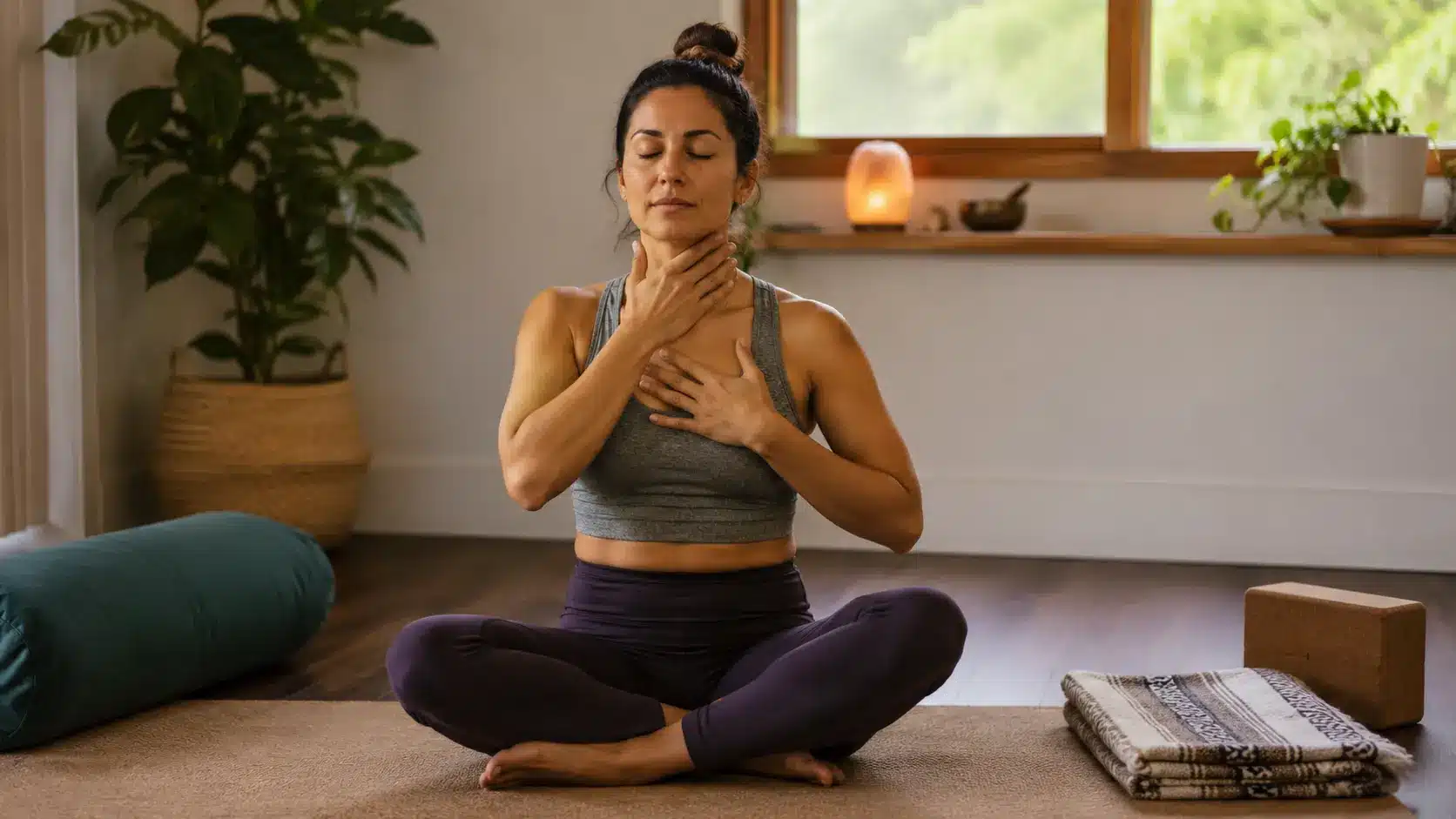 woman sitting cross legged on a yoga mat in a bright home studio with one hand on her throat and one hand on her chest during throat chakra breathwork