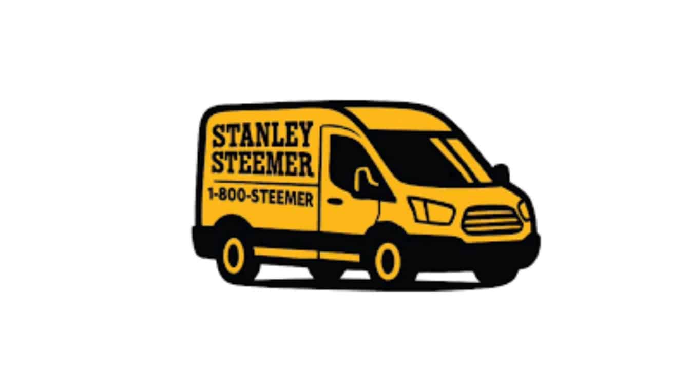 yellow van with bold black text STANLEY STEEMER and 1-800-STEEMER