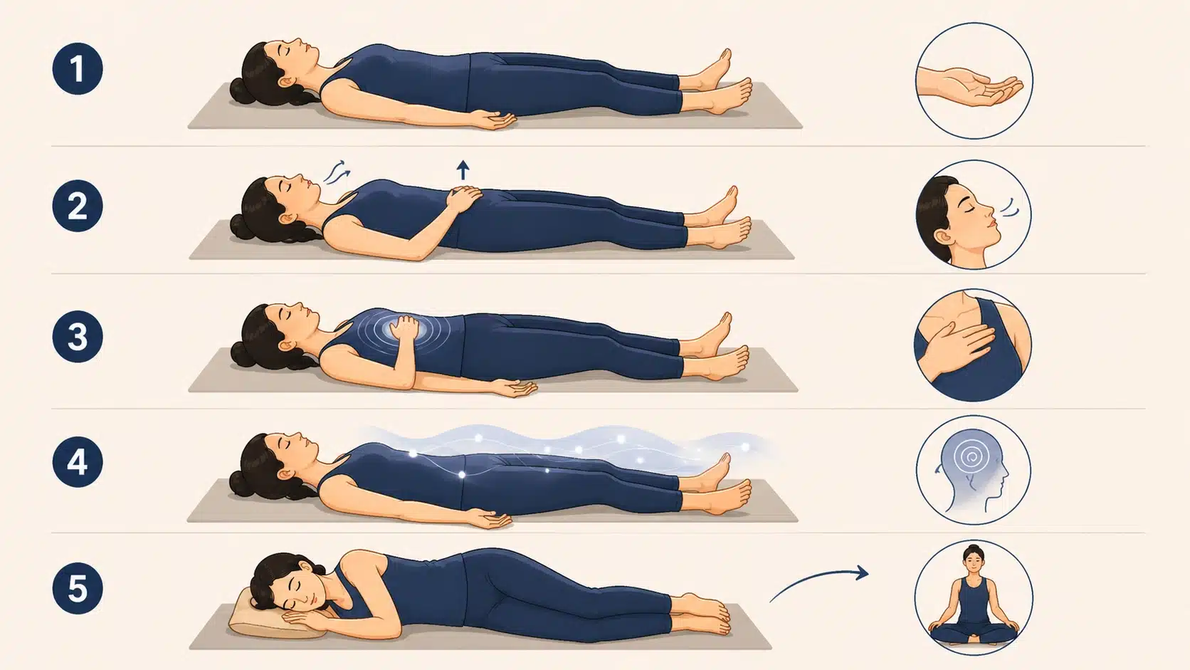 yoga nidra steps with sankalpa practice showing savasana breathing relaxation and side lying transition sequence