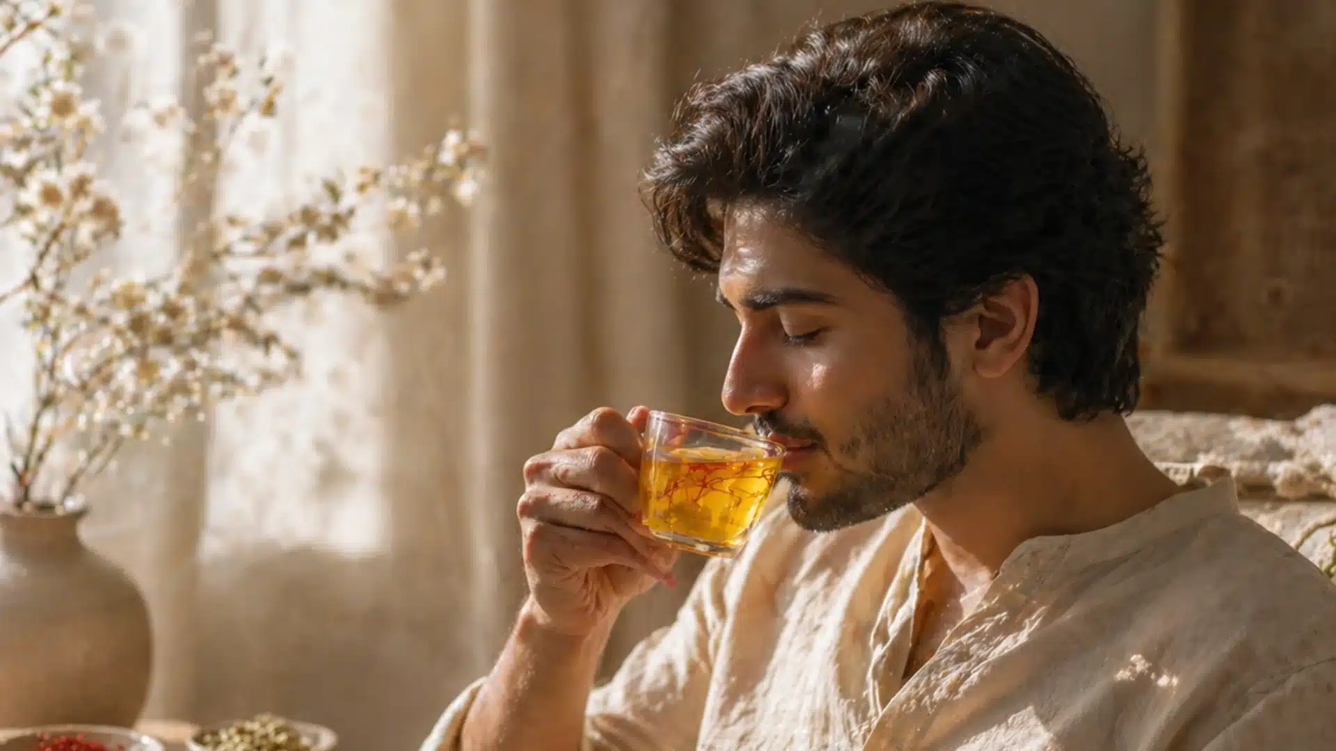 young man enjoys saffron tea in a cozy, sunlit room, surrounded by calm, natural decor