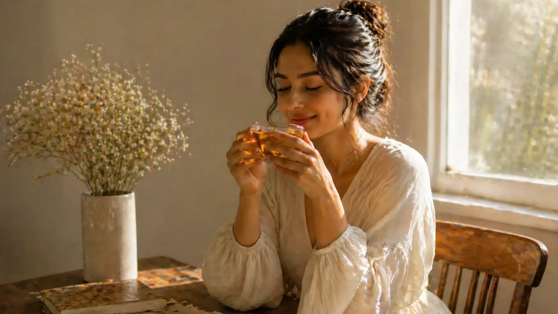 young woman smiles gently while holding a warm cup of saffron tea, feeling calm and content
