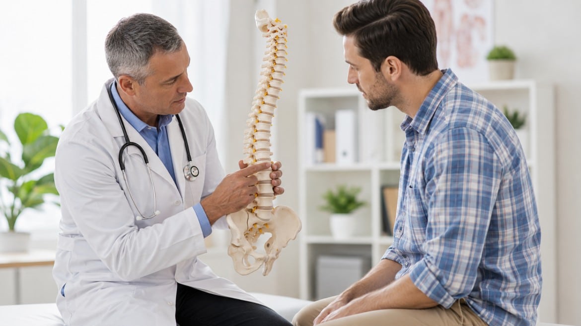 A doctor in a white coat shows a spine model to a male patient in a plaid shirt during a consultation.