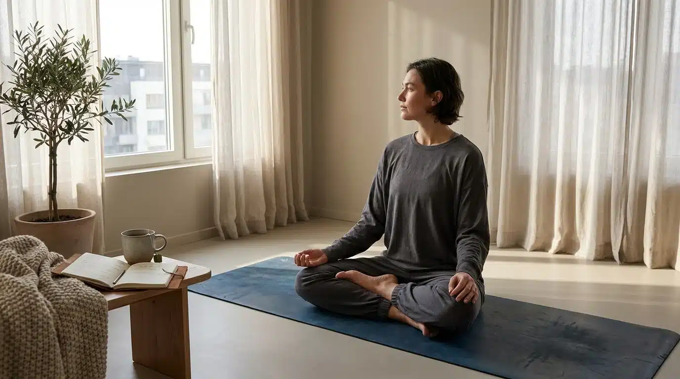 A person practicing yoga alone in a calm room after a breakup